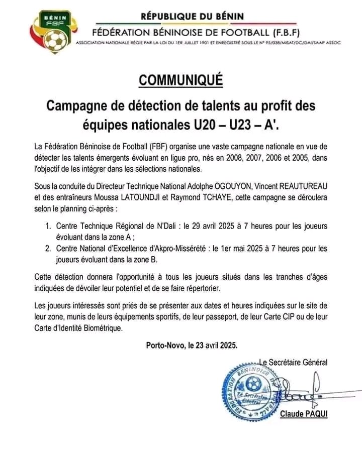 La Fédération Béninoise de Football lance une grande campagne nationale